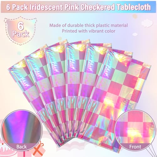 Image of 6 Pack Pink and Iridescent Checkered Plastic Tablecloth, Shiny Disposable Laser Rectangle Table Covers, Holographic Foil Tablecloth Iridescent Party Decorations for Picnic Camping Outdoor, 54x108Inch