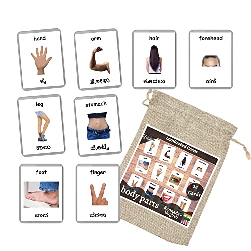 Image of Kannada English Bilingual Flash Cards | Montessori Cards | Laminated Flash Cards | Early Education (Body Parts - 24 Cards)