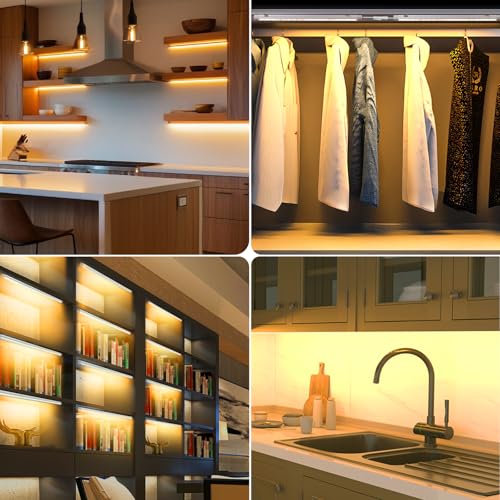 Image of AIBOO Under Cabinet Lighting, Dimmable 12 inch Under Counter Lights, 120V Plug in & Hardwired, Linkable LED Closet Lights for Kitchen, Shelf, Workbench, Desk,Cupboard,Garage (12 PCS), Warm White 3000K