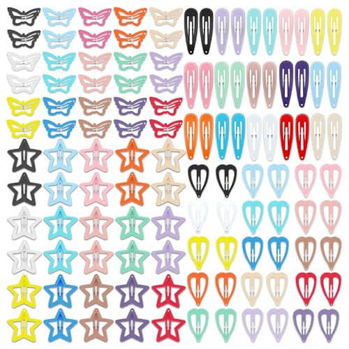 120Pcs Hair Clips for Girls Non Slip Metal Snap Hair Clips for Kids Star & Butterfly hair accessories (4 Styles and 15 Assorted Colors)