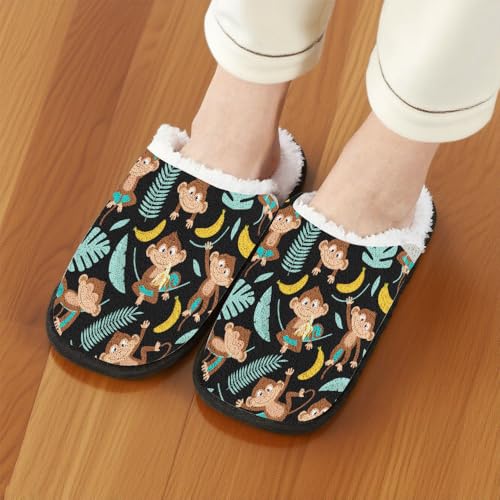 Fuzzy Travel Slippers for Women Men Indoor Outdoor Funny Cartoon Monkey & Banana Print Bedroom Fluffy Slipper Fleece-Lined Fall Winter Warm Cozy Soft Plush House Shoes Holiday Gifts3
