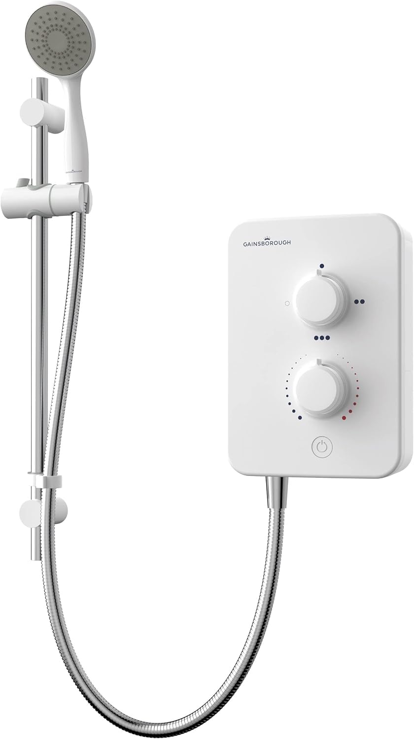 Gainsborough Slim Mono - Ducha eléctrica de 8,5 kW, color blanco, 1 modo de pulverización, cabezal ajustable, con manguera, boquillas de limpieza IPX4