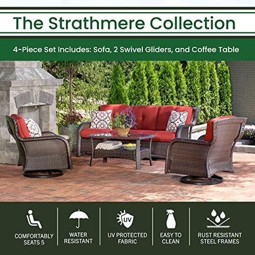Hanover Strathmere 4-Piece Outdoor Patio Deep Seating Lounge Set With Sofa, 2 Swivel Chairs With Thick Foam Cushions, Four Accent Pillows And A Glass-Top Coffee Table #TOP4