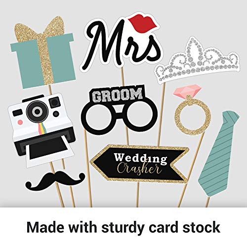 Fully Assembled Wedding Photo Booth Props - Set of 40 - Gold, Pink, Teal, & Silver Selfie Signs - Wedding Party Supplies & Decorations - Cute Designs with Real Glitter - Did We Mention No DIY