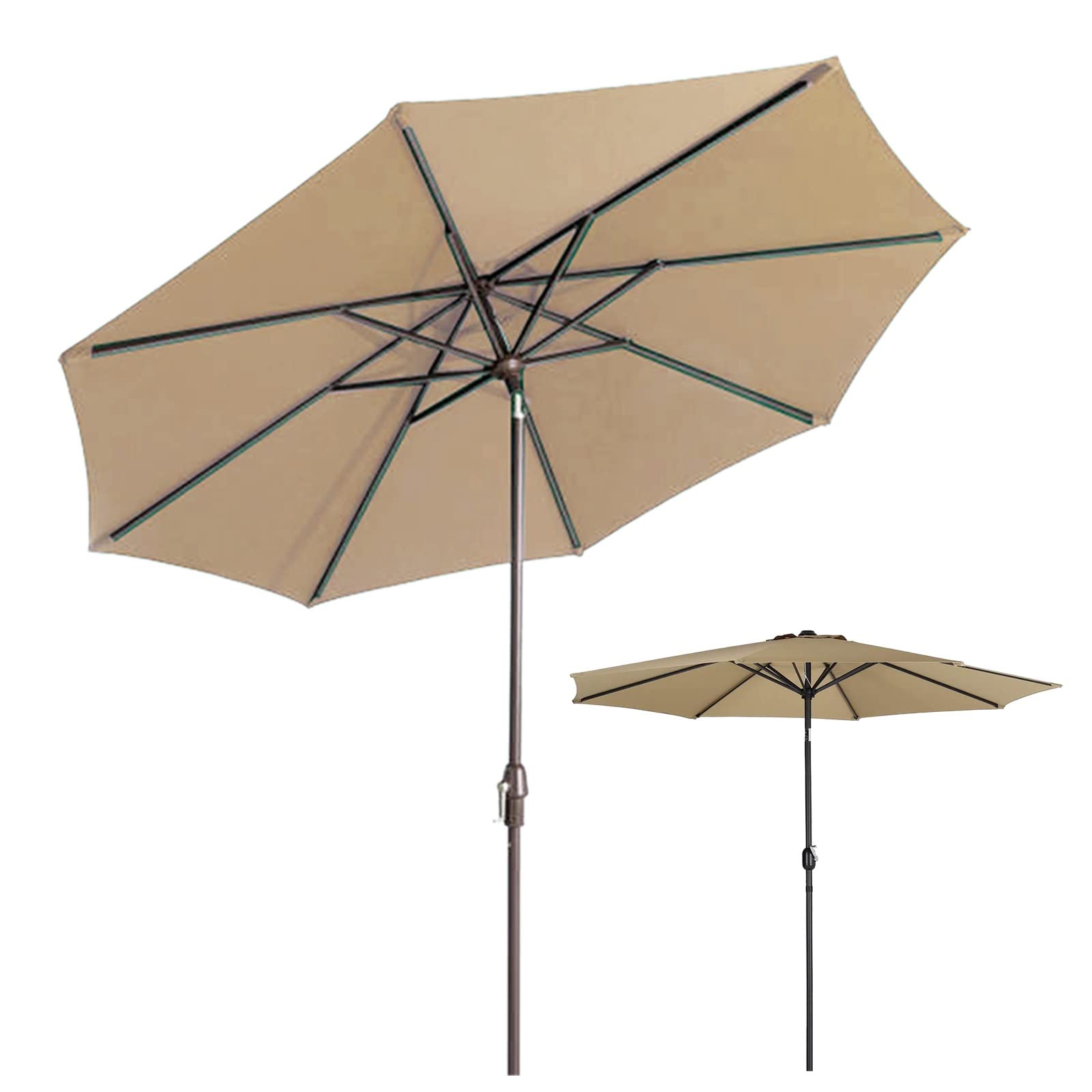 HCZKIUJY Outdoor Sun Umbrella,Round Patio Umbrella Parasol with Tilt Function,Wine Red,Dark Green,Beige,Khaki,for Beach,Pool,Patio Gardens,Courtyards,Terraces,Sunshade Shelter (Khaki 2.7M)