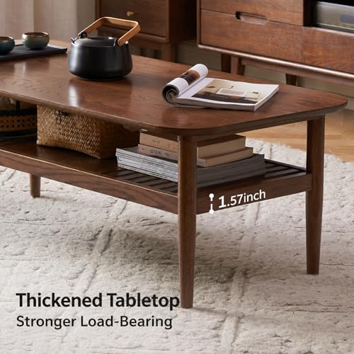 Image of Solid Oak End Table Wood Coffee Table, Modern Simple Style, Double-Layer, Rectangular, Natural Oak, Storage, for Small Spaces (Walnut,47.2 inch x 22.0 inch x 16.5 inch)