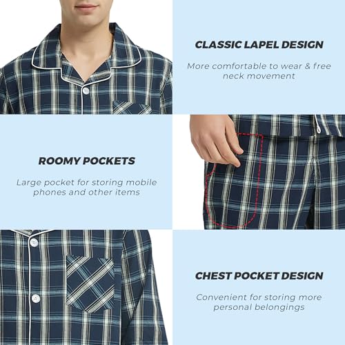 Vulcanodon Mens Cotton Pajama Set, Button Down Woven Pajama Set for Men Plaid Men's Sleepwear3