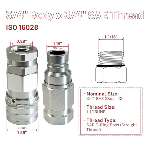 Image of 3 /4 inch SAE Flat Face High Flow Hydraulic Quick Connect Coupler Set, 3 /4 inch Body x (1-1 /16 inch-12 ORB) Thread,ISO 16028 w /Dust Caps