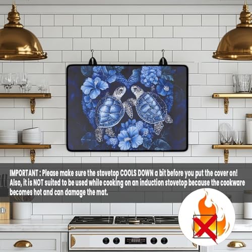 Image of Poceacles Stove Top Cover Protector Glass Stove Guard Anti-slip Scratch Resistant Cooktop Protector Range Cover Extra Counter Space, 29'' x 21'', Sea Turtle Flower Blue