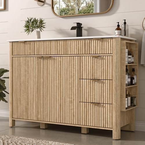 St.Mandyu 48" Fluted Bathroom Vanity with Sink & Faucet Combo, Modern Vanity Cabinet with Door, 3 Drawers and Side Shelves for Guest Apartment (Natural Oak)