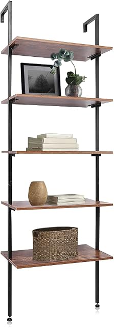 Pipe Wall Shelf, 5 Tiers Industrial Ladder Shelf, Industrial Retro Iron Pipe Rack DIY Storage Shelf, Industrial Pipe Bookcase, Ladder Shelf Bookcase Floor Standing for Living Room, Bedroom, Kitchen