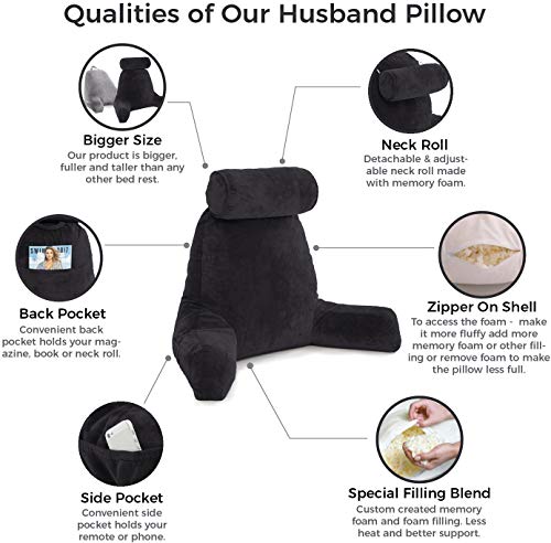 Husband Pillow XXL Black Backrest with Arms - Adult Reading Pillow with Shredded Memory Foam, Ultra-Comfy Removable Microplush Cover & Detachable Neck Roll - Unmatched Support Bed Rest Sit Up Pillow