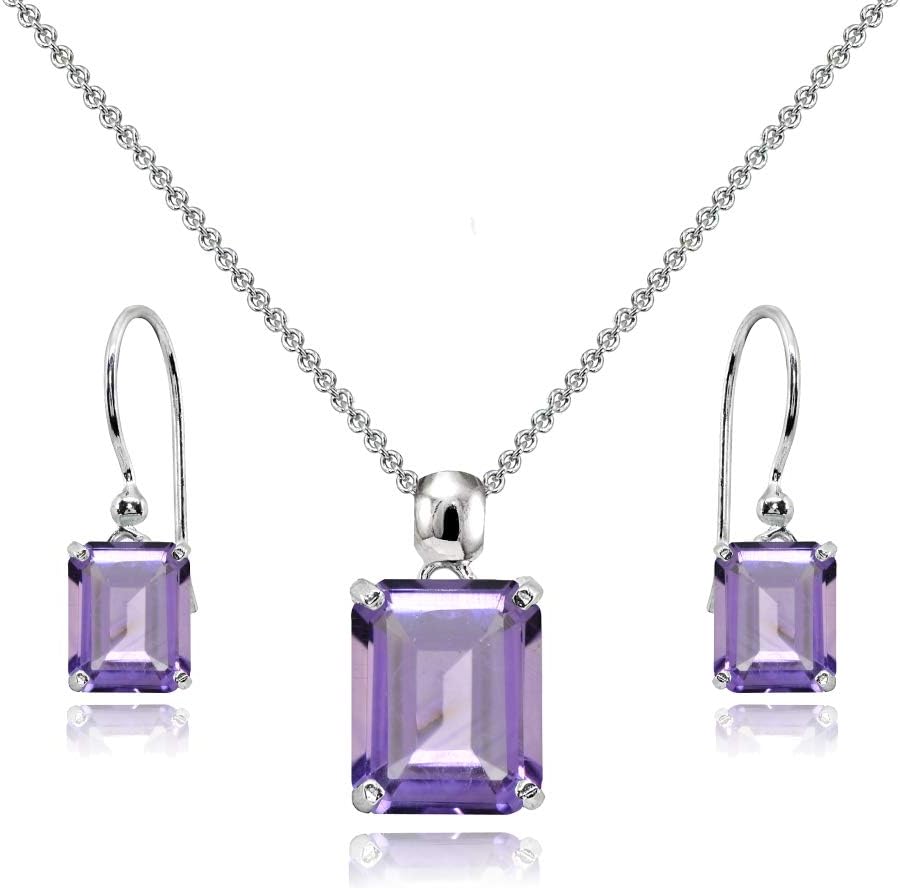 B. BRILLIANT Sterling Silver Genuine or Synthetic Gemstone Octagon-Cut Solitaire Drop Dangle Earrings & Necklace Jewelry Set for Women with Gift Box