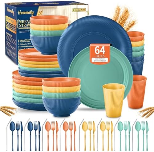 Wheat Straw Dinnerware Sets,64-Piece Plates and Bowls Sets for 8-...