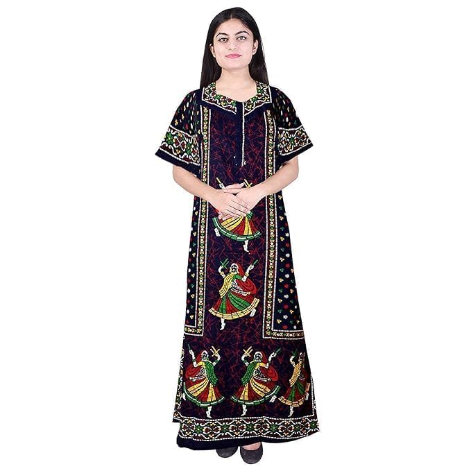 Image of NILOUFO Women's Cotton Maxi Nighty Pack of 2 | Soft Printed Ankle-Length Night Dresses | Free Size Comfortable Sleepwear Gown for Ladies