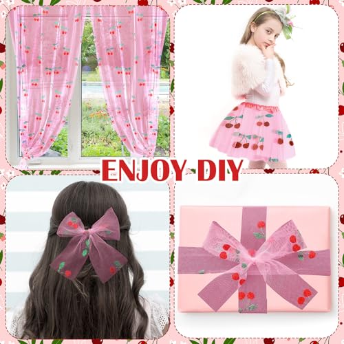 Windkream 4 Pcs Cherry Table Runner 29x70 Inch Pink Glitter Tulle Summer by Windkream - Used condition - Image 3