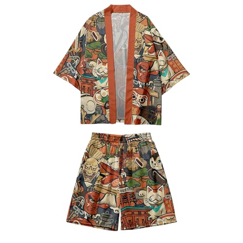 DOSLAVIDA Men's Japanese Kimono Summer Suits for Men Fashion Cardigan Two Piece Set Open Front Casual Coat With Shorts2