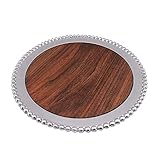 Mariposa Pearled Round Cheese Board with Dark Wood Insert, Silver