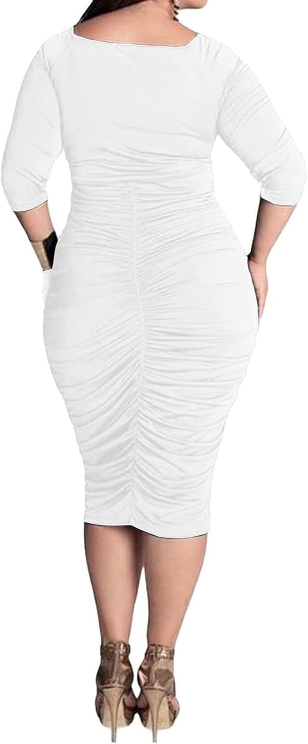Yajedo Women's Plus Size Bodycon Sexy V Neck Short Sleeve Ruched Cocktail Midi Dresses - Image 3
