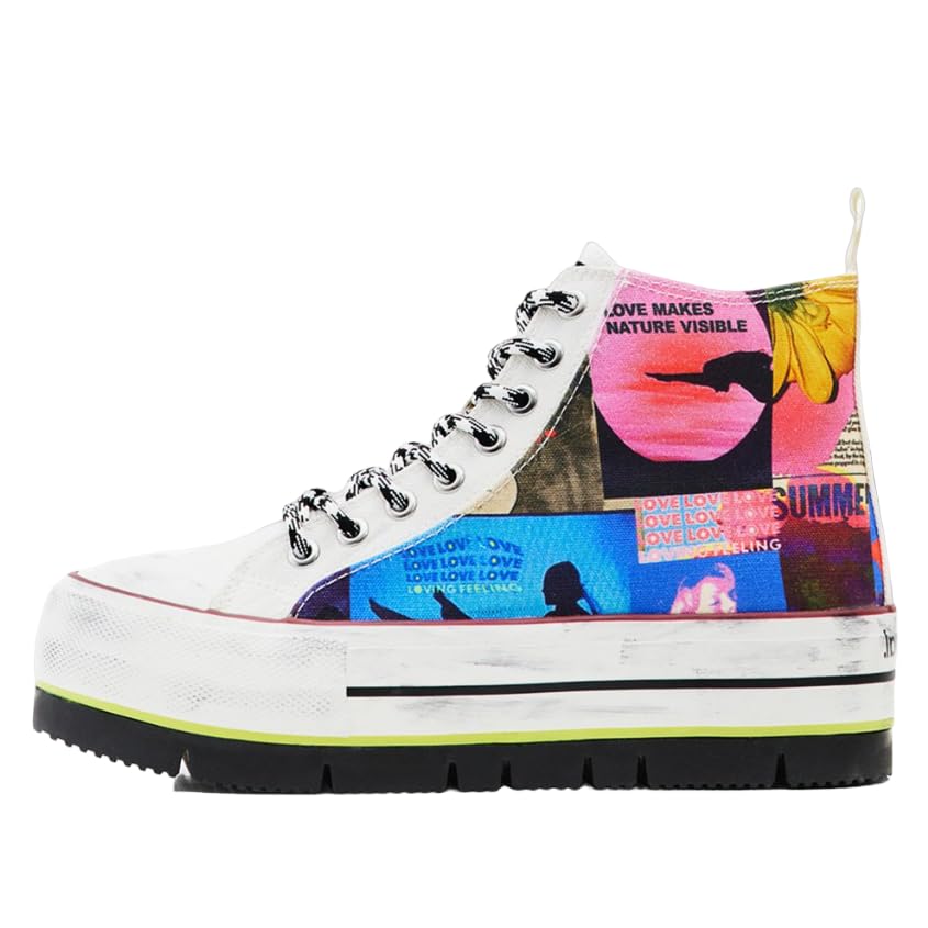 Desigual Fake News Sneaker Boots Baskets Montantes Noires et Blanches Mode Femme