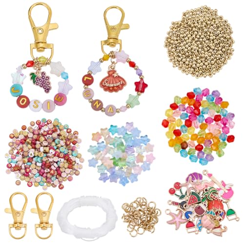 BEAMARKER 1035Pcs DIY Bead Keychain Making Kit Acrylic Letter Alphabet Star Keychain Personalized Name Summer Beach Enamel Bag Charms Jewelry Accessories for Festival Party Favor Gifts