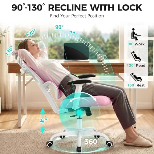 Image of Ergonomic Office Chair High Back Desk Chair with Lumbar Support, Breathable Mesh Computer Chair with Adjustable Armrests Height, Reclining Swivel Big and Tall Gaming Chair for Home Office(Pink)
