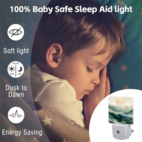 Image of Golden Mountains with Sun Night Light for Kids,Watercolor Sunrise Mountain Night Light Plug in with Dusk to Dawn Sensor,0.5w Energy Saving Nightlight for Hallway Stairway Kitchen Bedroom