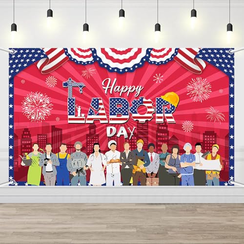 AIBIIN Happy Labor Day Backdrop Labor Day Party Banner Red Remember and Honor Laborer Banner Party Decorations for Indoor Outdoor Photo Props 70.8x43.3 inch