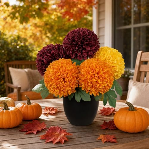 Image of Briful Artificial Mums - Realistic Silk Fall Chrysanthemums in Black Pot, Faux Potted Flowers for Home, Table Centerpiece, Porch, Indoor & Outdoor Autumn Decor