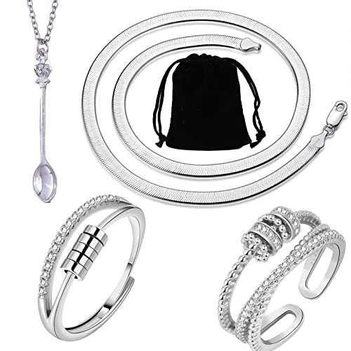 AUXHCYL 4 Bague Anti Stress Femme,Ouvert Réglable Bague D'Anxiete Anneaux Spinner Bague pour Femme avec Collier de Serpent,Collier Cuillère(Argent) Cover
