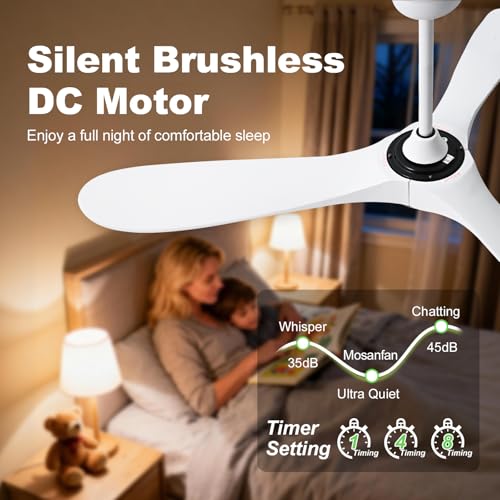 Image of 72 Inch Ceiling Fans with Lights and Remote, Wood Outdoor Ceiling Fan with 6 Speed Noiseless DC Motor, Indoor Modern 3 Blade Propeller Ceiling Fan for Bedroom Living Room Gazebo Patio (White)