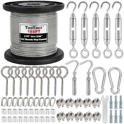 TooTaci 1/16 Wire Rope Kit, 165ft Vinyl Coated Stainless Steel Cable with Turnbuckles for Cables Wire Tension, String Light Hanging Kit, Trellis for Climbing Plant Support, Curtain