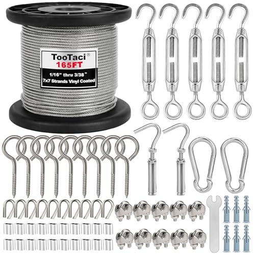 TooTaci 2mm Wire Rope Kit 50M Garden Wire PVC Coated with M4 Turnbuckle Wire Tensioner Kit 304 Stainless Steel Cable & Vine Eyes for for Climbing Plant for Strings Lights Hanging Kit Curtain DIY