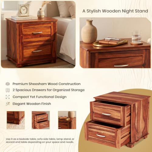 Image of SHIKHA WOOD CRAFT Solid Sheesham Wood Bedside Table with 2 Drawers Storage Nightstand | Multipurpose Wooden Sofa Side End Table Furniture for Bedroom, Living Room, Hotels and Home (Honey Finish)