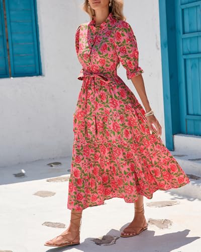 Women's Floral Printed Stand Ruffle Collar Midi Dress Half Sleeve Button Down Flowy Belted Beach Vacation Dress4