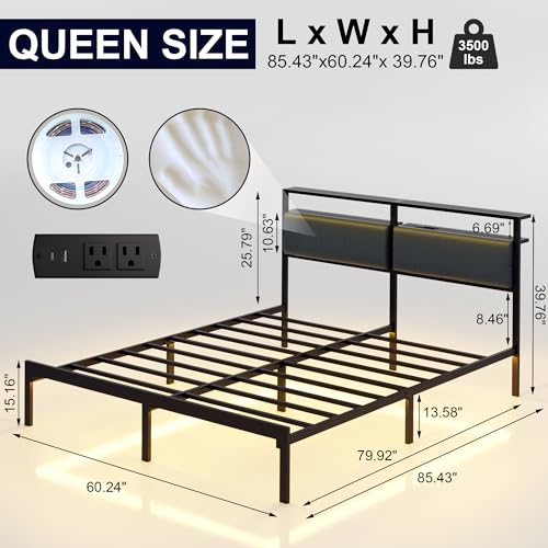 Image of J.Fkne Queen Bed Frame with LED Lights & Charging Station, Metal Platform Bed Frame with 2 Tier Storage Headboard, Under Bed Storage, No Box Spring Needed, Noise Free, Easy Assembly