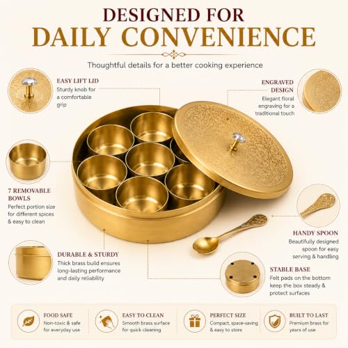Image of Decorative Brass Spice Box with Floral Lid & Spoon | Handcrafted Round Masala Dabba with 7 Containers | Traditional Brass Masala Box for Kitchen | Masala Dani for Kitchen Stylish