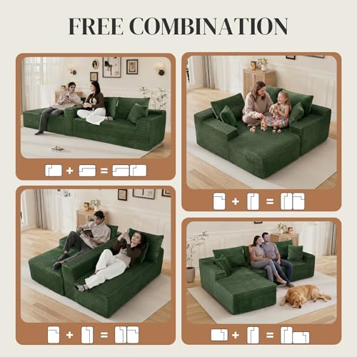 Image of 108 inch L Shaped Cloud Boneless Sectional Couches for Living Room, Modern Comfy Modular Deep Seat Memory Foam Compressed Corduroy Sofa Oversized Left Facing Chaise, No Assembly Required, Green