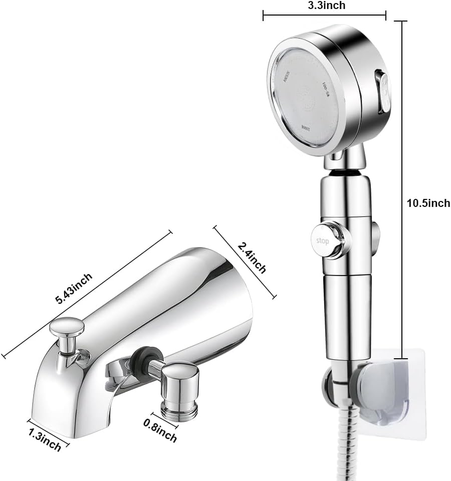 chrome tub spout with diverter slip fit 1/2 inch copper tube, high pressure filtered handheld shower with 3 spray modes on/off switch, 59 inch hose, bracket, no drill required install shower set