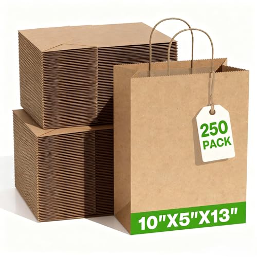 Image of Simple Deluxe 250 Pack Kraft Paper Bags with Handles 10x5x13 - Made in USA -15 Lb Max Load - 100% Recycled Natural Brown Shopping Bags for Retail, Gifts & Merchandise (Premium 90GSM)