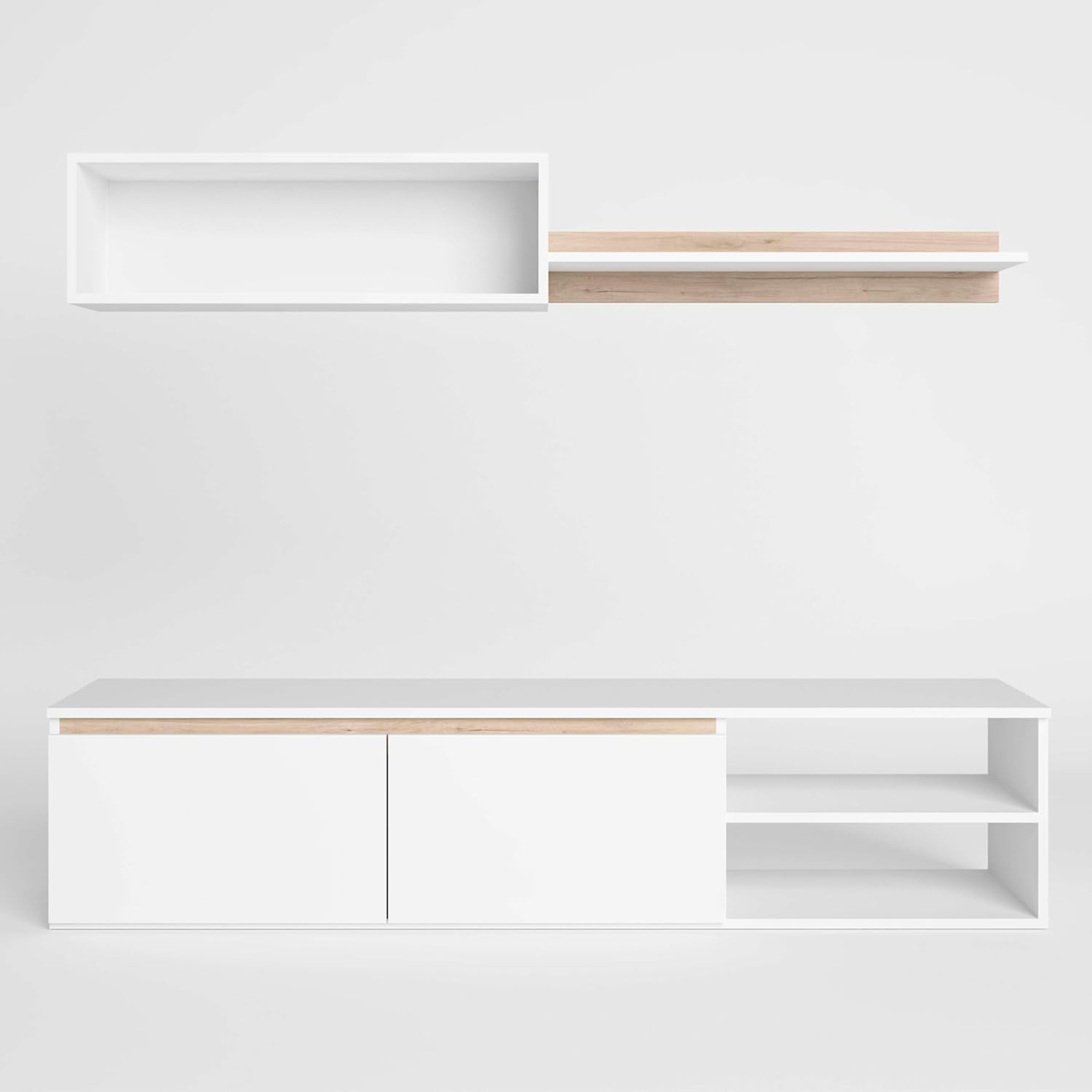 Mobelcenter, Mueble de Salón Oce 160, Módulo TV, Módulo Superior y Estante, Acabado en Color Blanco Mate y Sahara, Medidas: Ancho: 160 cm x Alto: 200 cm x Fondo: 39 cm (1568)