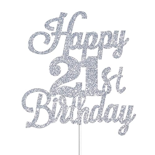Happy 21st Birthday Cake Toppers Silver Glitter, Cheers to 21 Years Old Bday Decoration 21st Anniversary Cake Topper, Twenty-one Theme Cake Decorations for Birthday Anniversary Party