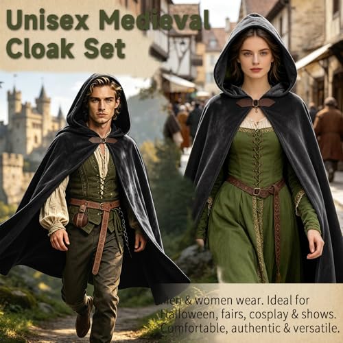 Image of Renaissance Hooded Cloak Set for Men Women Medieval Costume for Halloween