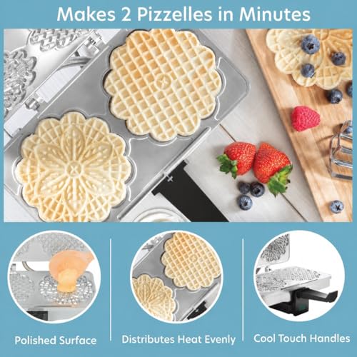 Image of Pizzelle Maker- Polished Electric Baker Press Makes Two 5-Inch Cookies | Even Heating Plates, Must Have Party Baking Supplies, Italian Dessert Treat Making with Recipe Guide, Gift for Her