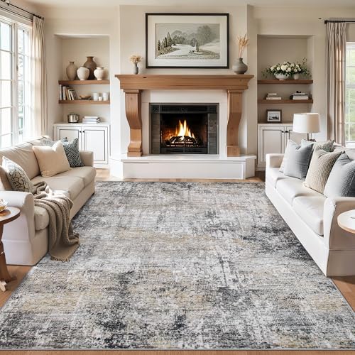 Area Rugs 9x12 Living Room - Washable Rug Modern Abstract Soft Large Neutral Non-Slip Carpet Indoor Floor Thin Carpets for Bedroom Dining Room Farmhouse Nursery Home Office Brown Black Grey