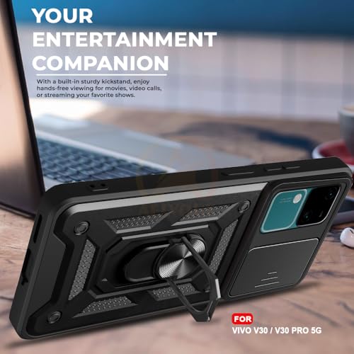 Image of Armor Bumper Back Cover Case for Vivo V30 / V30 Pro 5G | Rotating Camera Cover, Ring Holder & Kickstand | Heavy Duty & 360 Degree Protection Vivo V30 / V30 Pro 5G Back Cover (Black)