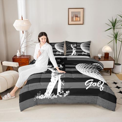Image of Feelyou Golf Comforter Set King Size Sports Golfing Bedding Set for Kids Boys Girls American Flag Duvet Quilt Bedroom Decor Microfiber 3 Pcs with 2 Pillow Cases