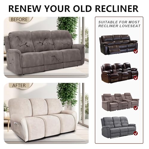 Image of ANARACHON Recliner Couch Cover Leather Look Recliner Sofa Covers for 3 Cushion Reclining Sofa Slipcovers 8-Pieces Furniture Protector Spandex Fabric Washable (3 Seater, 02 Beige)
