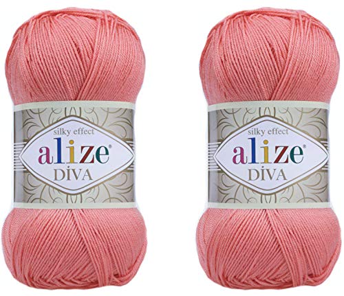 Alize Diva Yarn - 100% Microfiber Acrylic, Silk Effect, Crochet & Lace Craft, Coral, 2 Skeins, 200gr, 767 yds