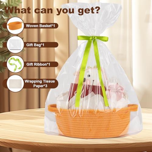 Image of OIAHOMY Gift Basket with Handle, Small Woven Basket with Gift Bag, Ribbon and Wrap Tissue Paper, Nursery Bins Empty to Fill with Small Items, Baby, Pet Toy Organizer - Orange